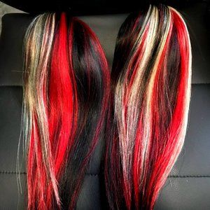 Gothic Cyber red/black/red silky human hair pony tail falls on clips